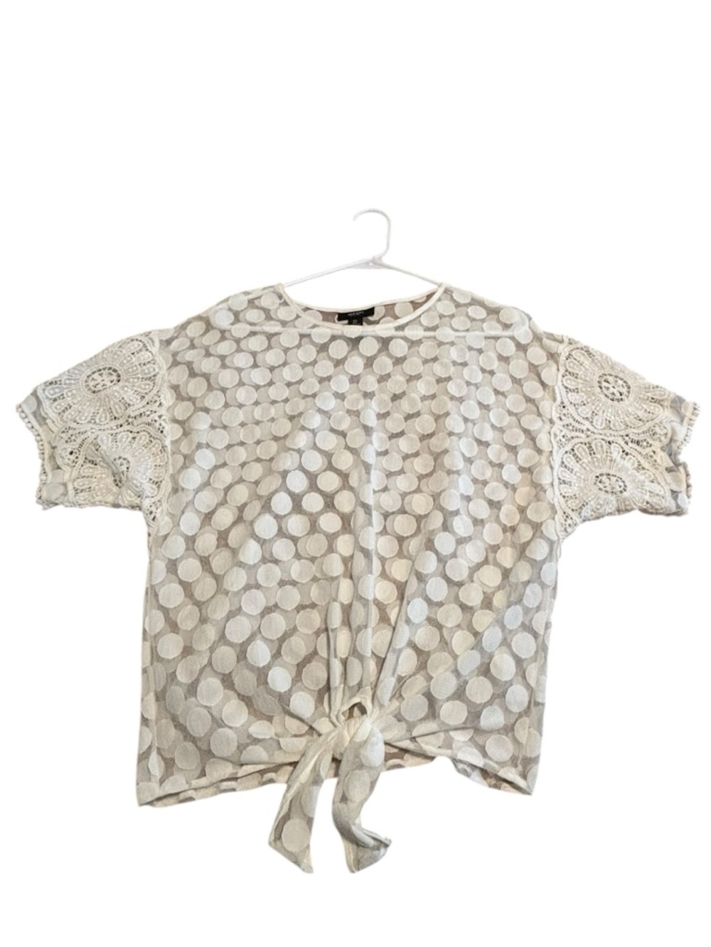 Alfani Cream Polka-Dot Tie-Front Crop Top with Lace Sleeves